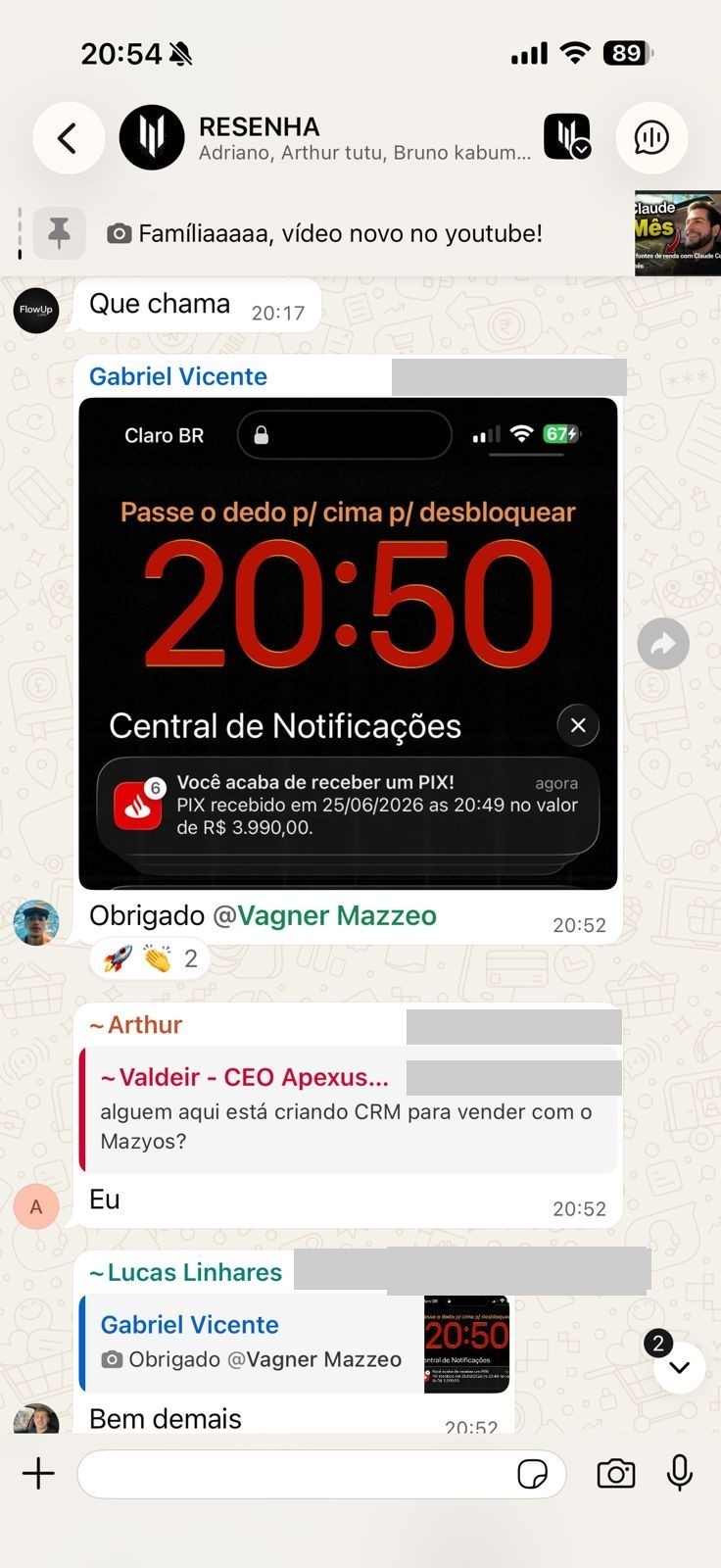 Aluno mostrando PIX de R$ 3.990 recebido